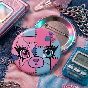 Patchwork Bear Button Pin | Kidcore Pastel Decora Backpack Badge, Xenna Ayki Ita Bag Filler
