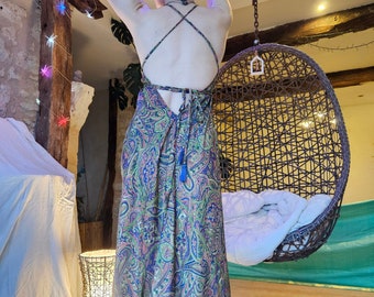 Sublime robe longue en soie, dos nu, bohème indien, été - "Jungle haze"