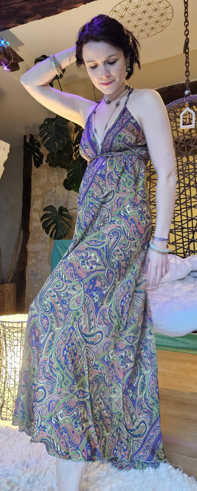 Sublime robe longue en soie, dos nu, bohème indien, été Jungle haze image 4