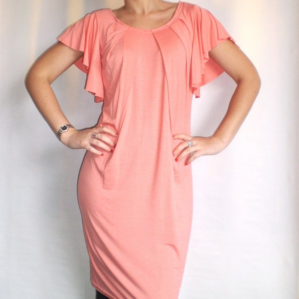 Melon \/ Coral Pink Stunning Flutter Sleeve Pleated Lily Dress (XS, S, M, L)