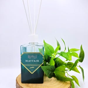 Peut inclure: Un diffuseur à roseaux composé d'une bouteille en verre rectangulaire bleu sarcelle avec un bouchon blanc et quatre tiges blanches. L'étiquette indique MAYFAIR LONDON DRY GIN. La bouteille repose sur une tranche de bois circulaire près d'une plante verte.