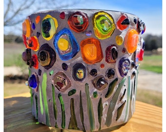 Stained Glass Mosaic Vase or Candle Holder, Colorful Fused Glass Abstract Flowers, Boho Decor, Gardener's Gift, Art Gift, Maximalist Art
