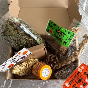 May include: A cardboard box containing various items including a large bag of dried green leaves, a bag of dried fruit pieces with a Trick or Treat label, a pinecone, a small jar with a pumpkin label, sunflower seeds, and a treat stick.