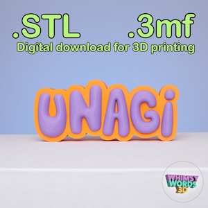 Könnte beinhalten: Ein 3D-gedrucktes Wortmodell von "UNAGI" in Lila mit orangefarbener Umrandung. Das Modell ist zum 3D-Drucken bestimmt und als digitaler Download in den Formaten STL und 3MF verfügbar. Das Bild enthält auch den Text ".STL .3mf Digitaler Download zum 3D-Druck" und ein Logo für "Whimsy Words 3D".