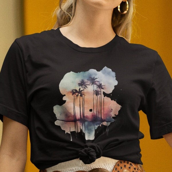 Tropical Paradise: Aquarelle Graphic Tee with Summer and Palms