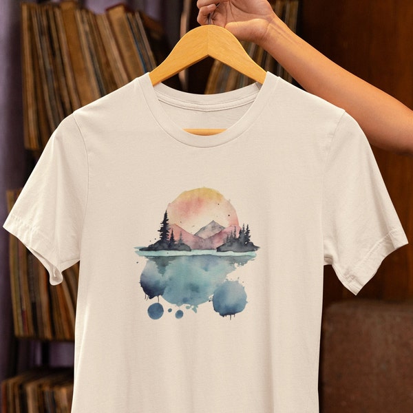 T-shirt with Nature's Symphony: Aquarelle Graphic Tee with Mountain, Water, and Forest