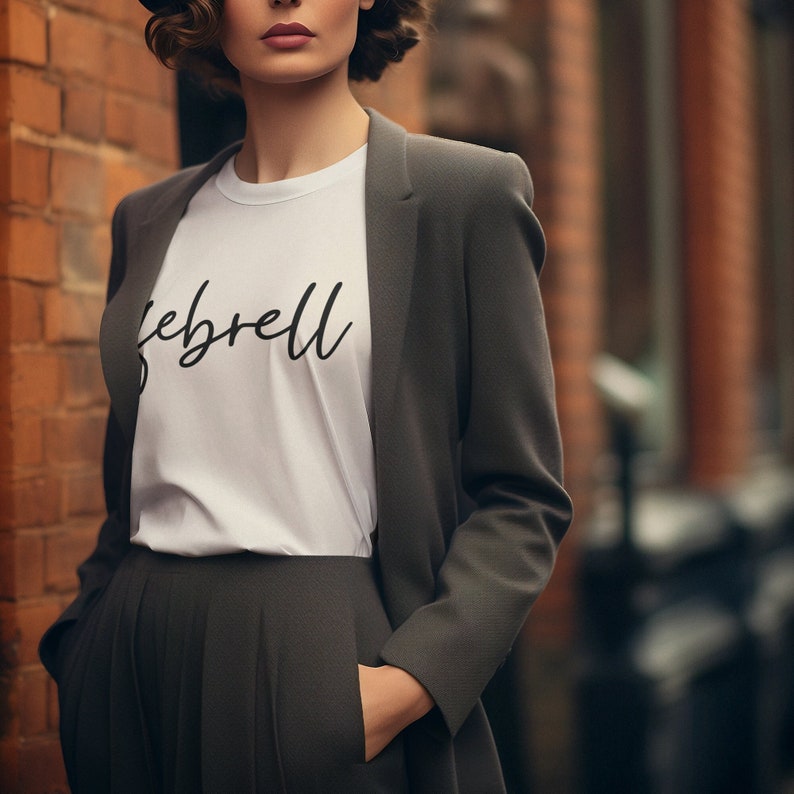 Woman inT-shirt with logo "febrell" and a suit
