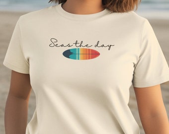 Organic T-Shirt with graphic print «Seas the day». Surfing sayings, Unisex Recycled tee, gift for her and him, cool cut Classic, Summer