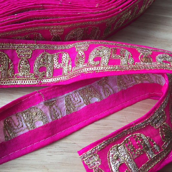 1 Metre Beautiful Embellished Pink and Gold Sari Border From India 3.7cm Wide