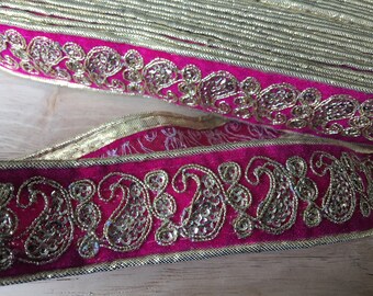 Belle bordure sari rose et or de 1 mètre de l'Inde 3,5 cm de large