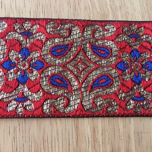 Beau ruban de bordure sari rouge, bleu et or de 1 mètre de l'Inde 5 cm de large