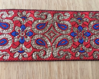 1 Meter Wunderschönes Rot, Blau Und Gold Sari Bortenband Aus Indien 5cm Breit