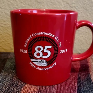 Railroad Construction Co. 85th Anniversary Mug. Vintage, Collectible Railroad red mug.