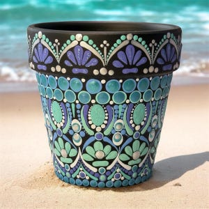 May include: A black ceramic flower pot with a hand-painted design. The pot features a repeating pattern of teal, blue, and white dots and floral shapes. The rim has a scalloped design in blue and white. The pot is sitting on sand with the ocean in the background.