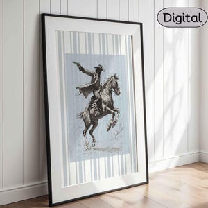 Decorazione murale vintage con cowboy a righe, stampa a quadretti blu, arredamento rustico, poster da parete stile rodeo, stile moderno di metà secolo, digitale