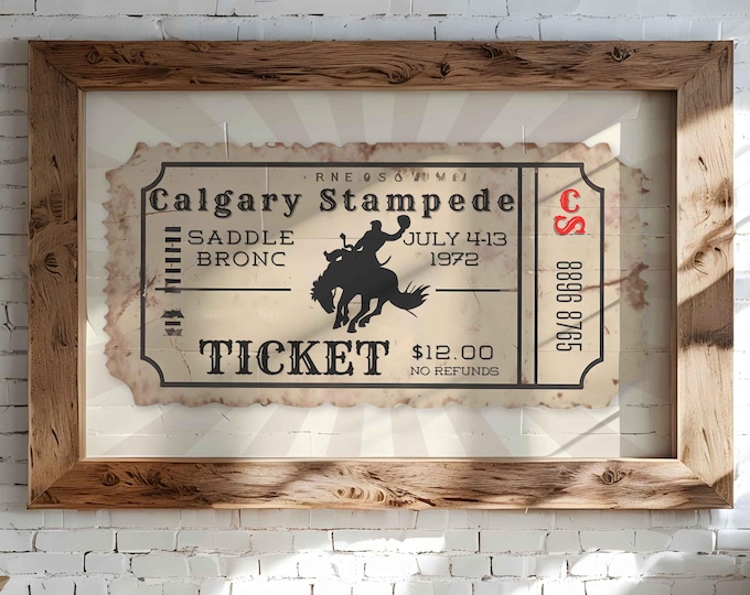 Vintage Rodeo Poster, Retro Calgary Stampede Ticket, Western Cowboy Print, Rodeo Bronc Rider, Bar Cart Decor, Physical Wall art for him