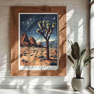 Joshua Tree Kunstdruck, Sternennacht Wüste Poster, Nationalpark Wand Kunst Mid-Century Modern Landschaft, Boho Southwestern Dekor Reise Druck