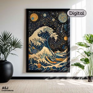 Yayoi Kusama Welle Wandkunst, Japandi Kosmischer Ozean Wohnkultur, Blaues Abstraktes Meer Poster, Modernes Küstenraumdekor Druck Blau und Gold Poster