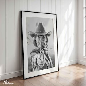 Western Cowgirl Bandit Druck, Vintage Outlaw Poster, Schwarzweiße Saloon Art, Rustikales Whisky Bar Dekor, Wilder Westen Six Shooter Wandkunst