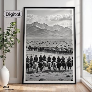 Western Cattle Drive Print, Black and White Western Art, Rustic Cowboy Wall Decor, Vintage Cattle Herd Photography, Country Western Wall Art
