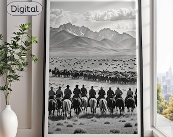 Western Cattle Drive Print, Black and White Western Art, Rustic Cowboy Wall Decor, Vintage Cattle Herd Photography, Country Western Wall Art