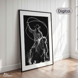Decorazione murale con silhouette di cowboy western, decorazione da rodeo in bianco e nero, stampa digitale rustica in stile fattoria, cavaliere a cavallo, regalo per gli amanti dei cavalli