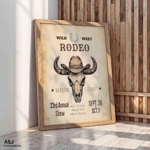 Vintage Rodeo Plakat, Western Wandkunst, Cowboy Bull Skull Druck, Houston Rodeo Werbung, Rustikale Texas Ranch Dekor, Country Music Bar Schild