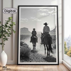Western Cowboy Desert Print, Black and White Landscape, Cowboy Poster Digital Download