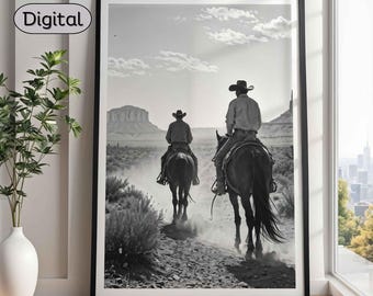 Western Cowboy Desert Print, Black and White Landscape, Cowboy Poster Digital Download