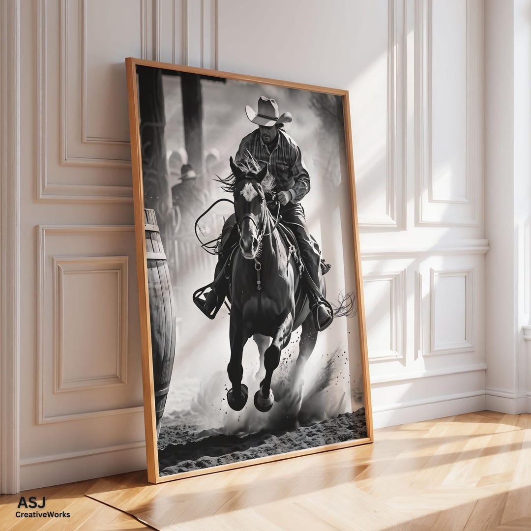 Black and White Cowboy Barrel Racing Poster, Wild West Decor (digital ...