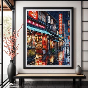 Poster della Tokyo Tea House, stampa di street art giapponese, insegne al neon di una notte piovosa, arte murale di paesaggi urbani, decorazioni da viaggio in Giappone, regalo per lei
