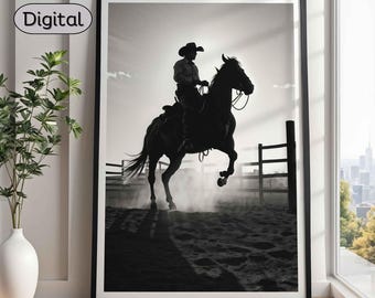 Western Cowboy Print, Black and White Cowboy Riding Horse, Rustic Western Wall Art, Cowboy Art for Home Decor, Country Style Poster, DIGITAL