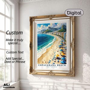 Stampa personalizzata sulla spiaggia, poster vintage di Copacabana, arte murale personalizzata sulla spiaggia, poster di viaggio retrò, decorazione costiera, stampa per vacanze tropicali in Brasile