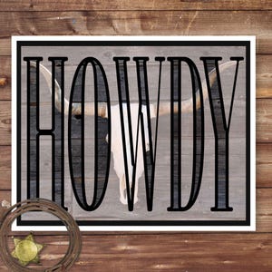 Poster tipografico "Howdy" con stampa di teschio di Longhorn occidentale, arte vintage da cowboy, arredamento sud-occidentale, cartello di benvenuto per l'ingresso, download digitale