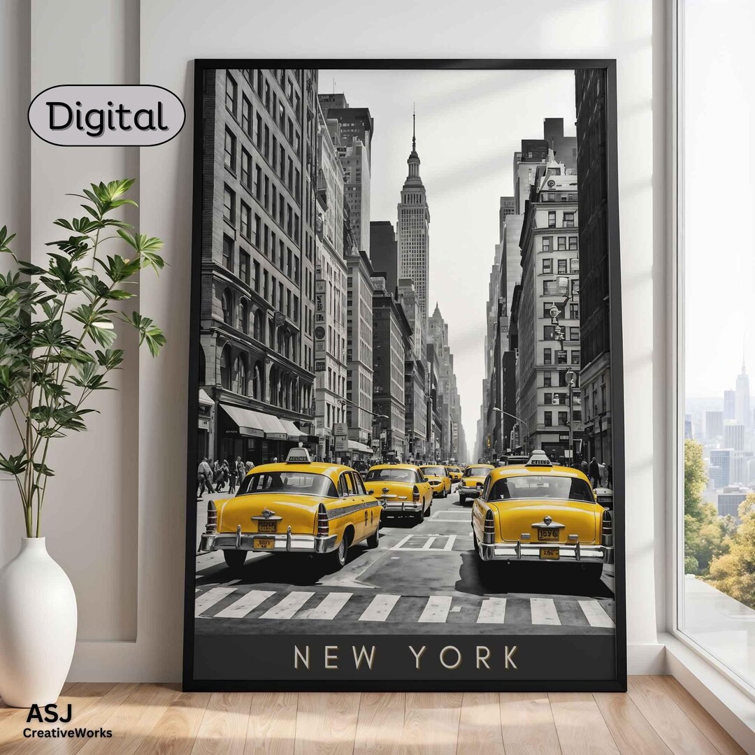 NYC Print, Black and White New York City Wall Art With Yellow Taxis ...