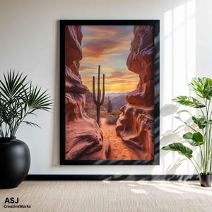 Südwestlicher Kaktus-Druck, Western-Wüste-Sonnenuntergang-Wandkunst, Arizona-Landschaftsplakat, Boho-Naturdekor, warme Tonkaktus-Kunst für Haus
