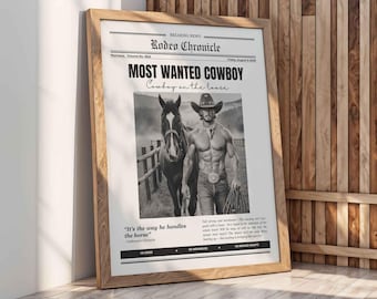 Vintage Wanted Cowboy Poster, Western Outlaw Print, Old West Newspaper Wall Art, Rustic Cowboy and Horse Print, Wild West Decor