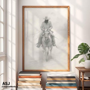 Schizzo di cowboy western, Cowboy nella nebbia, Arte murale vintage, Cowboy a cavallo, Decorazione in stile rustico, Regalo per amanti dei cavalli, Digitale