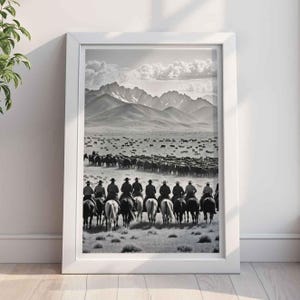 Impresión de un arreo de ganado de vaqueros, arte de pared occidental en blanco y negro, foto de una escena rústica de un rebaño de vaqueros, regalo de vaquero para decoración de granjas o cabañas.