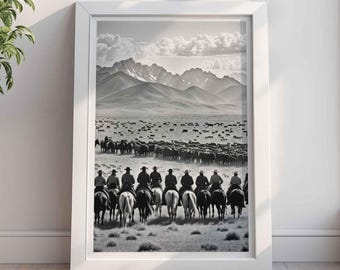 Cowboy Cattle Drive Print, Black and White Western Wall Art, Rustic Ranch Herd Scene Photo, Cowboy Gift for Farmhouse or Cabin Decor
