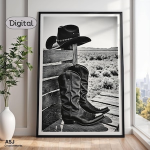 Cowboy Print, Black and White Western Photo, Cowboy Boots, Rustic Wall Art Digital Download, Country Style Poster