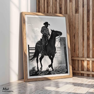 Poster in bianco e nero con cowboy a cavallo, decorazione murale rustica western per cucina di campagna, camera da letto in stile ranch o regalo per appassionati di cowboy, digitale