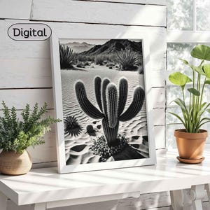 Schwarz-Weiße Wüste Poster, Vintage Kaktus Wandkunst, Monochromes Südwestern Poster, Minimalistische Wüstenlandschaft, Rustikales Boho Dekor