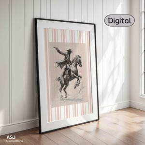 Decorazione murale vintage con cowboy a righe, stampa a quadretti rosa, arredamento rustico, poster da parete in stile rodeo, stile moderno di metà secolo, digitale