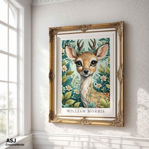 William Morris Deer Print, Vintage Botanical Fawn Wall Art, Arts and