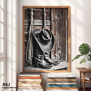 Arte murale con cappello da cowboy, poster country ranch, stampa western rustica, arredamento vintage da cowboy, opere d'arte con stivali e cappelli, stampa murale in stile fattoria