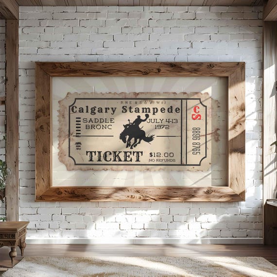 Vintage Rodeo Poster, Retro Calgary Stampede Ticket, Western Cowboy Print, Rodeo Bronc Rider, Bar Cart Decor, Physical Wall art for him