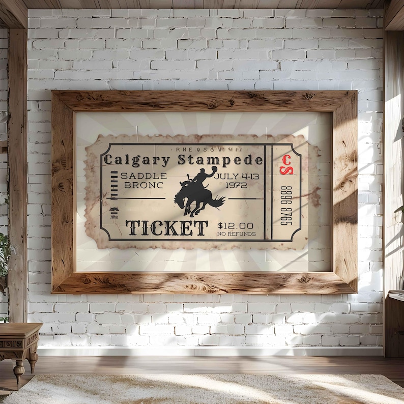 Relive the excitement of the 1972 Calgary Stampede with this vintage rodeo ticket wall art. This bold cowboy print is ideal for rustic or western interiors. A unique gift for rodeo fans or lovers of Americana history.
Vintage Rodeo Poster, Retro Calgary Stampede Ticket, Western Cowboy Print, Rodeo Bronc Rider, Bar Cart Decor, Americana Wall Art for Him