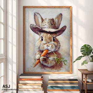 Cowboyhut Hase Posterdruck, Western Dekor, niedliches Kaninchen Wandbild, rustikale Hasenposter, Bauernhaus Dekoration, Geschenk