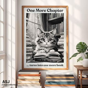 Poster con gatto che legge, accogliente decorazione murale per biblioteca per amanti dei libri, decorazione per angolo lettura, stampa di gatto letterario, regalo per lettori, accogliente decorazione per camera da letto